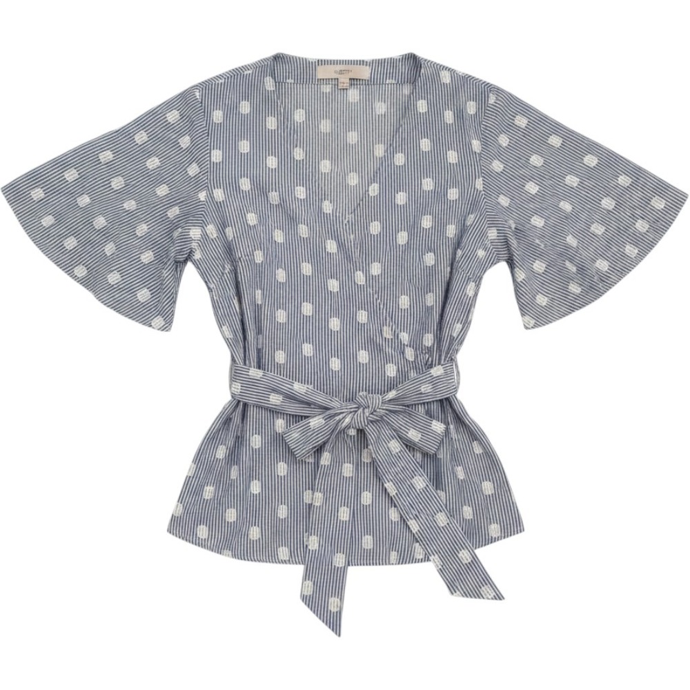 LOFT Wrap Top Womens Medium Blue Excellent Striped Polka Dot Flutter Sleeve